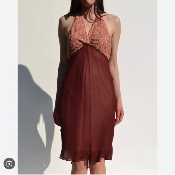 BCBGMaxAzria 100% Silk Beaded Halted Midi Dress Burgundy Pink Size 0 - Picture 2 of 6